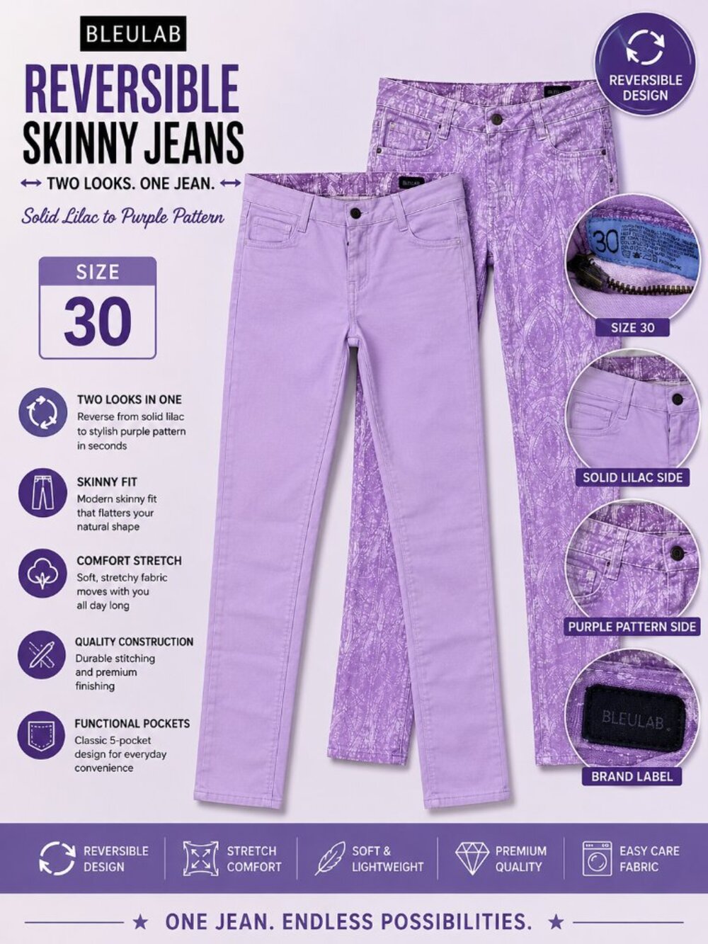 NWOT Bleulab Reversible Skinny Jeans Women's Size 30 Lilac Purple Denim